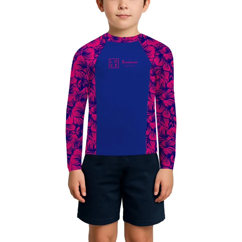 Kid's Rashguard – Hibiscus – Blue/Pink
